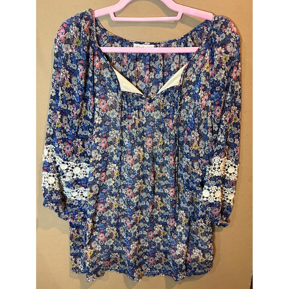 Westport Floral Blouse Women 3X Blue Multi Excellent Crochet Lace Boho Top